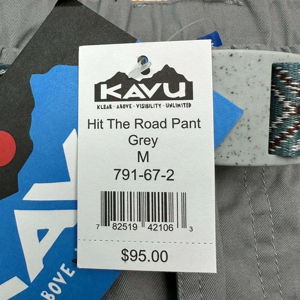 NEW KAVU Hit The Road Pants Men MEDIUM Gray Belted Elastic Waist Stretch Hiking